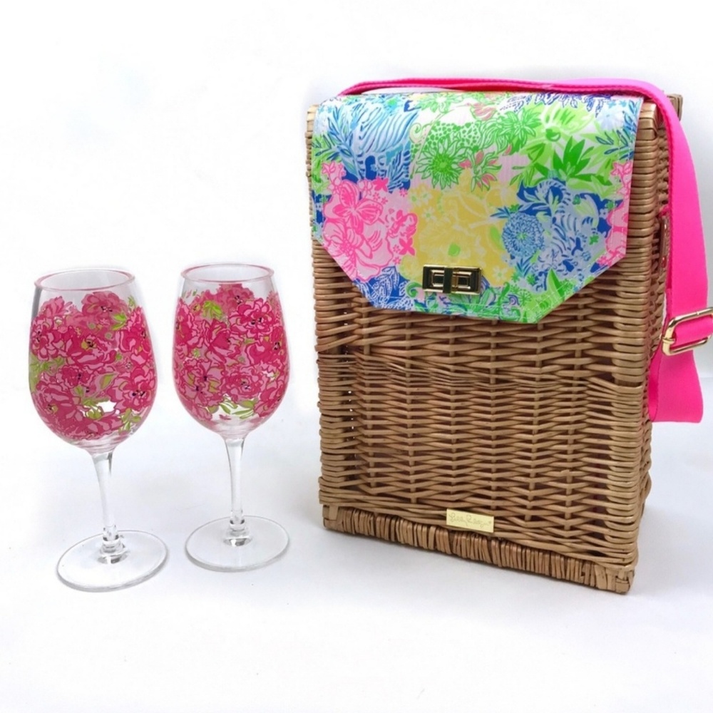 Lilly Pulitzer Wicker Basket and Glasses